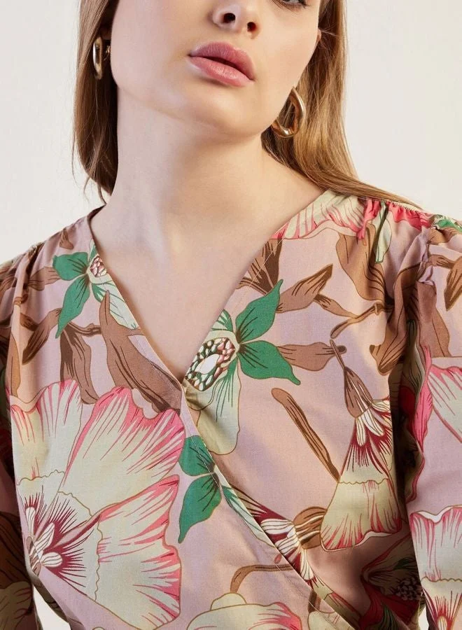 Freehand Women Fit and Flared Floral Printed V-Neck Long Sleeve Wrap Top