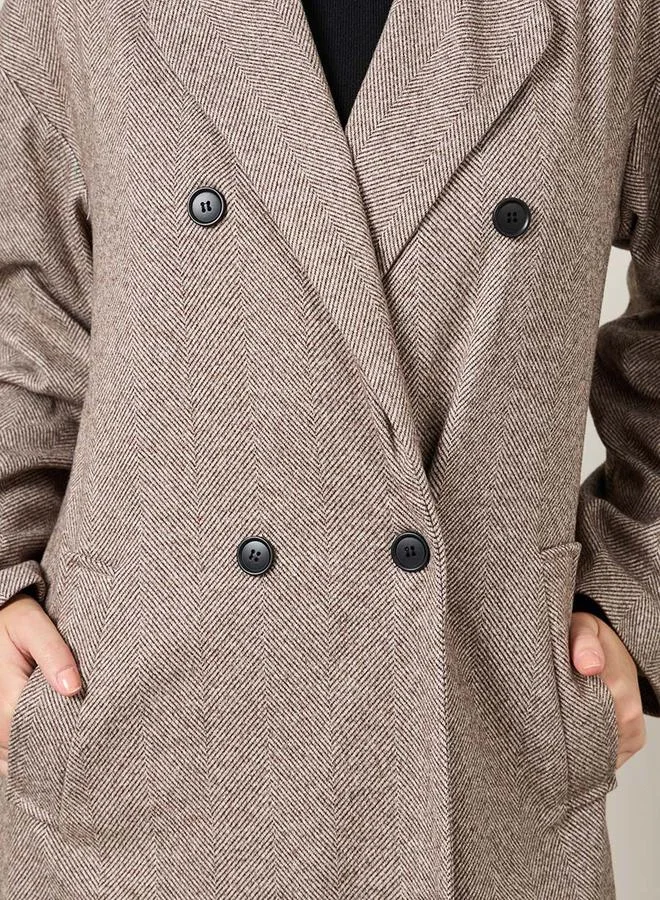 Styli Oversized Double Breasted Midi Wool Like Herringbone Coat