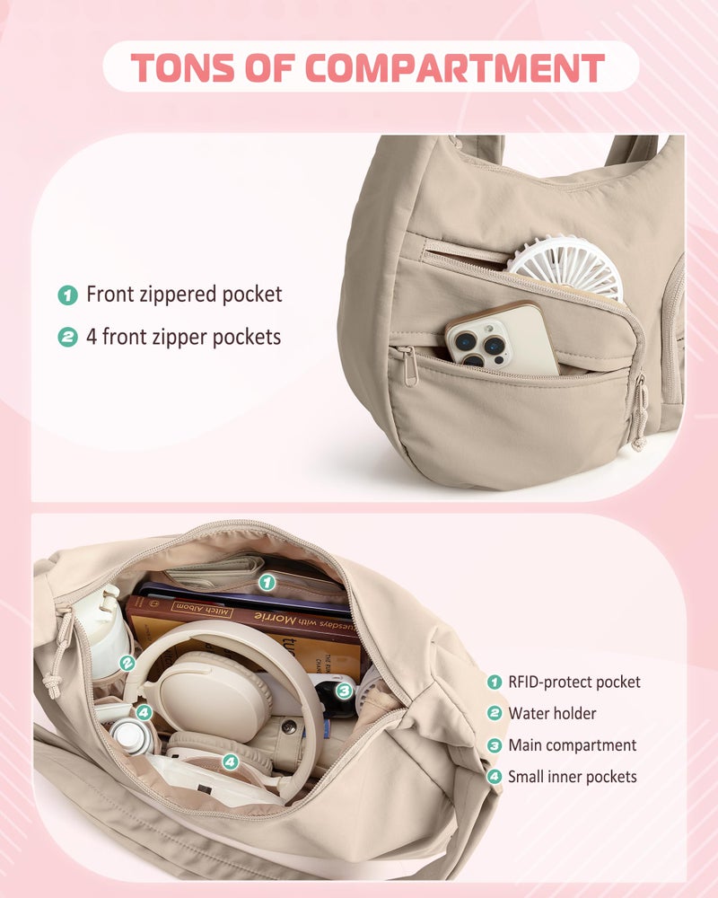 Smasrob Crescent Crossbody Bag with RFID Blocking Pocket and Water Bottle Holder, Slouchy Crossbody Bag with Multiple Pockets, Khaki - Image 4
