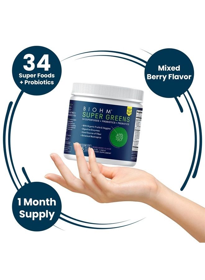BIOHM الخضروات السوبر - مسحوق سوبرفود أخضر مضاد للأكسدة ومسحوق خضار وخلطة سموذي مع إنزيمات هضمية، سبيرولينا، 34 سوبرفود مع بروبيوتيك وبريبايوتيك | نكهة التوت المختلط (30 حصة) - Image 2