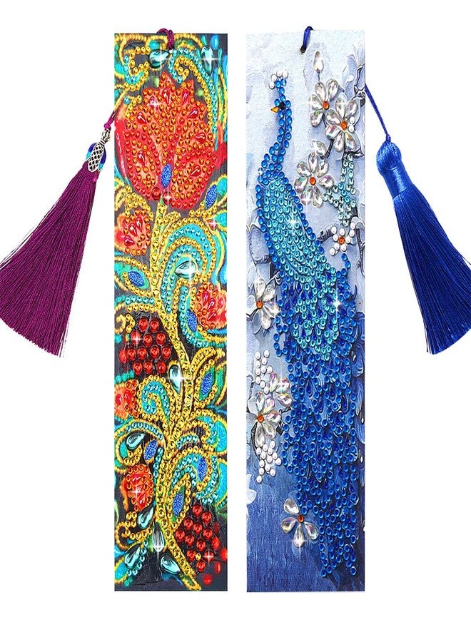 Miyolo 2 Pcs Diamond Painting Tassels Bookmarks Art 5D DIY Rose and Peacock Kits Leather Bookmark for Graduation Anniversary Birthday Christmas for Adults Beginners - Image 1