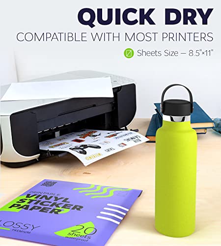 SMALL SMILE Premium Printable Vinyl Sticker Paper for Inkjet Printer and Laser - 20 White Glossy Sticker Paper Waterproof - Durability Adhesive Paper 8.5 x 11, Fast Dry, Holds Ink Well, Great for Cutting Machines - Image 2