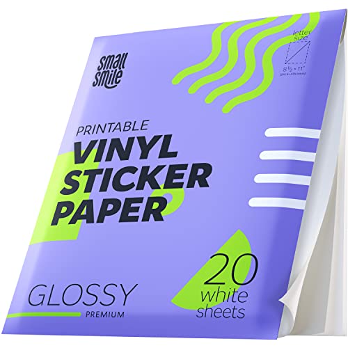 SMALL SMILE Premium Printable Vinyl Sticker Paper for Inkjet Printer and Laser - 20 White Glossy Sticker Paper Waterproof - Durability Adhesive Paper 8.5 x 11, Fast Dry, Holds Ink Well, Great for Cutting Machines - Image 1