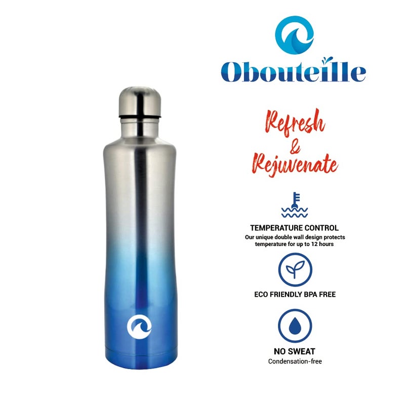 O’BOUTEILLE Obouteille Stainless Steel 750 ml Vacuum Insulated Leak Proof Flask Water Bottle for SchoolHomeKitchenOfficeWorkGymOutdoorExerciseYogaCampingBoysGirlsKidsAdults Curvy SilverBlue - Image 3