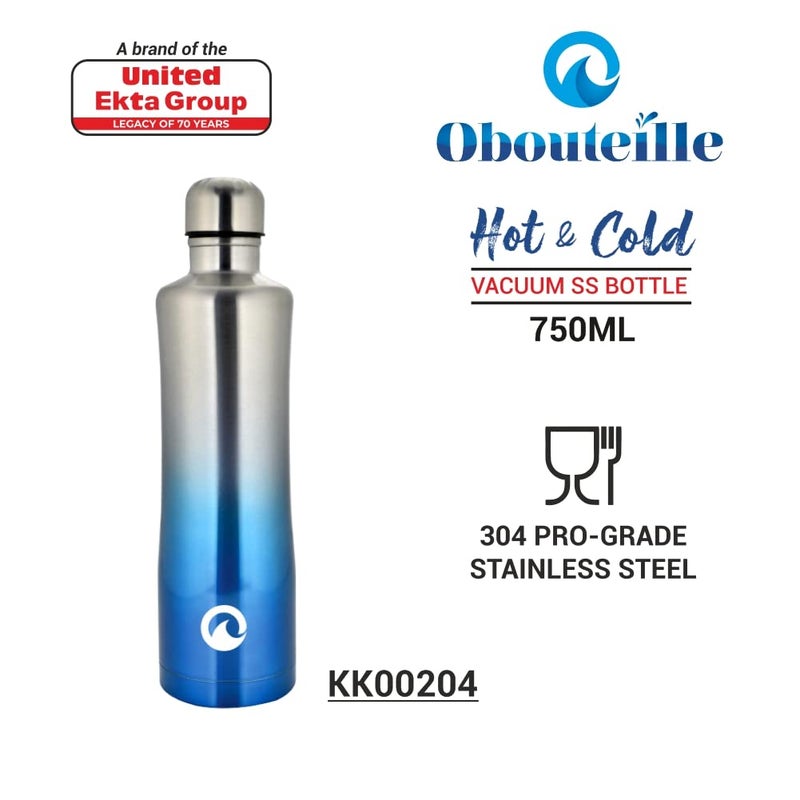O’BOUTEILLE Obouteille Stainless Steel 750 ml Vacuum Insulated Leak Proof Flask Water Bottle for SchoolHomeKitchenOfficeWorkGymOutdoorExerciseYogaCampingBoysGirlsKidsAdults Curvy SilverBlue - Image 2