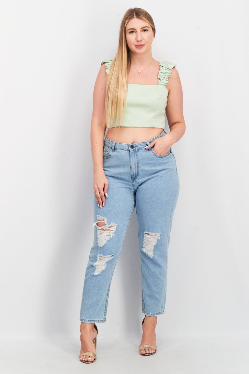 forever new Women Square Neck Sleeveless Solid Crop Top, Mint Green - Image 3