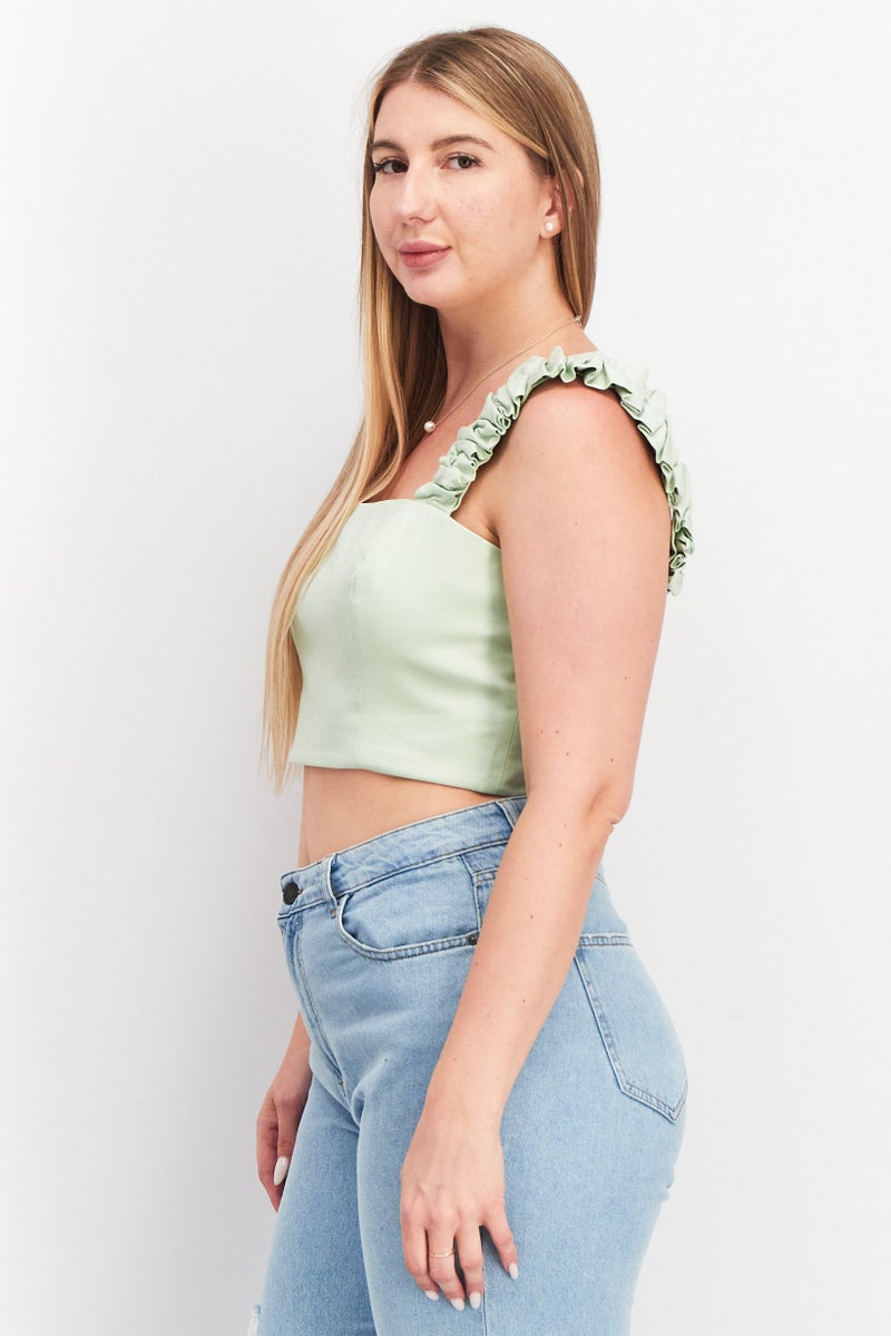 forever new Women Square Neck Sleeveless Solid Crop Top, Mint Green - Image 4