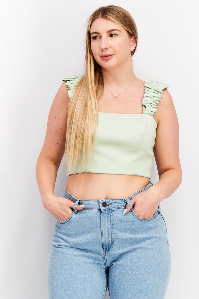 forever new Women Square Neck Sleeveless Solid Crop Top, Mint Green - Image 1