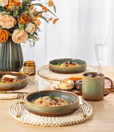 theterra 7.5'' Ceramic Pasta Bowls, Salad Bowls Set of 4, Stoneware Serving Bowls for Fruits, Noodle, Dinner, House-warming Wedding Present, Sage Umber - Image 3