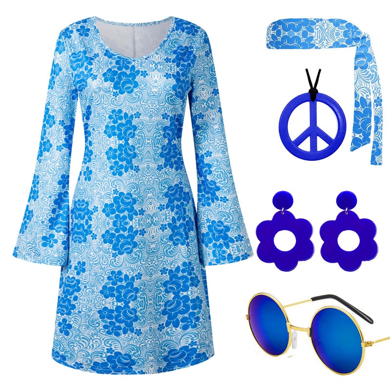 Deerjoke 60s 70s Disco Outfit Hippie Costume Women, 1970 Style Clothes Dress Accessories Jewelry Halloween (Blue, Large) - Image 1
