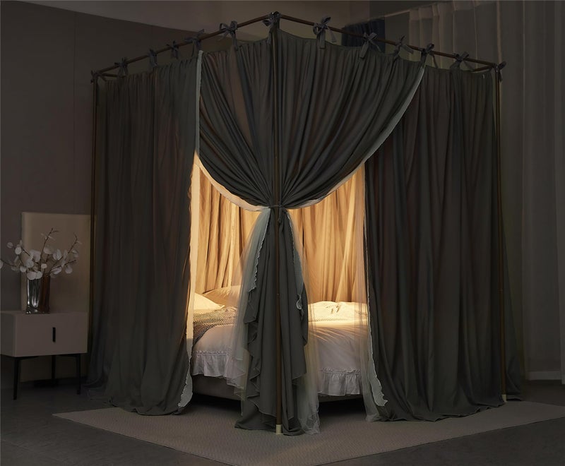AIOOO 4 Corners Post Princess Curtain Bed Canopy Double Layer Cozy Mosquito Net Mesh and Cloth for Girls Adults Bedroom Decoration (Double-Grey/White, 53" W*78" L*82"*H/(Full)) - Image 5