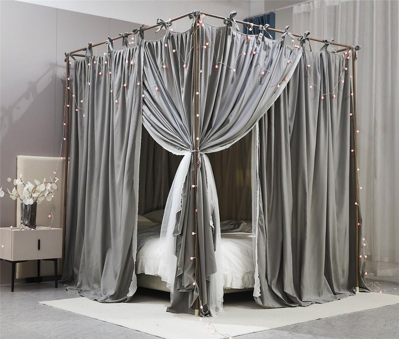 AIOOO 4 Corners Post Princess Curtain Bed Canopy Double Layer Cozy Mosquito Net Mesh and Cloth for Girls Adults Bedroom Decoration (Double-Grey/White, 53" W*78" L*82"*H/(Full)) - Image 2