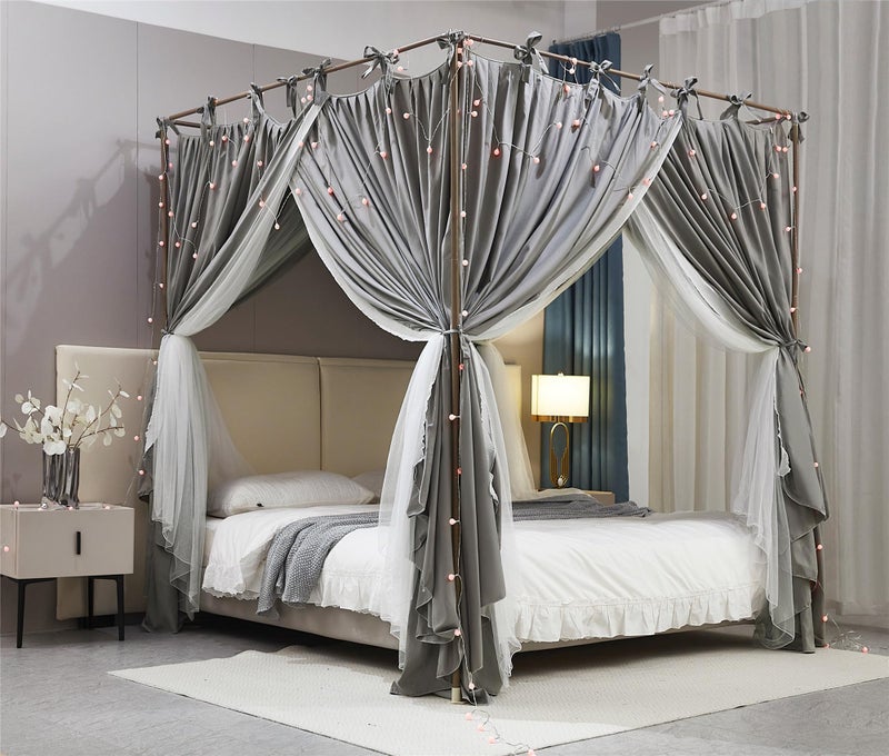 AIOOO 4 Corners Post Princess Curtain Bed Canopy Double Layer Cozy Mosquito Net Mesh and Cloth for Girls Adults Bedroom Decoration (Double-Grey/White, 53" W*78" L*82"*H/(Full)) - Image 3