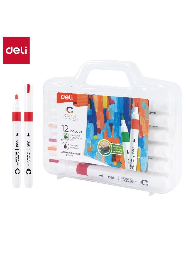 ديلي مجموعة أقلام التحديد الأكريليك Deli EC191-12 - 12 لونًا مقاومًا للماء وسريع الجفاف للفن متعدد الأسطح - Image 1