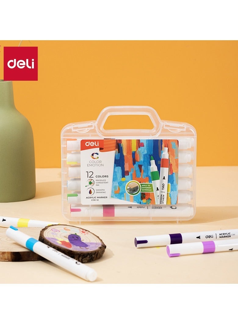 ديلي مجموعة أقلام التحديد الأكريليك Deli EC191-12 - 12 لونًا مقاومًا للماء وسريع الجفاف للفن متعدد الأسطح - Image 2