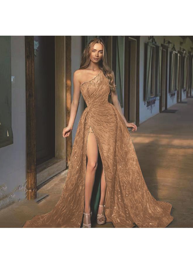 Spring And Summer New European And American Women's Slant Shoulder Slit Long Dress Toast Dress Sequined Strap Evening Dress