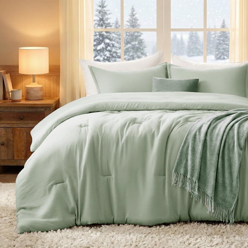 Quataly Sagegreen Queen Comforter Set - Boho 3 Pieces Lightweight Bedding Set - Washed Microfiber Comforter for Queen Bed - Cozy Warm Bed Set Quilt for All Season (1 Fluffy Comforter 2 Pillow Cases) - Image 1
