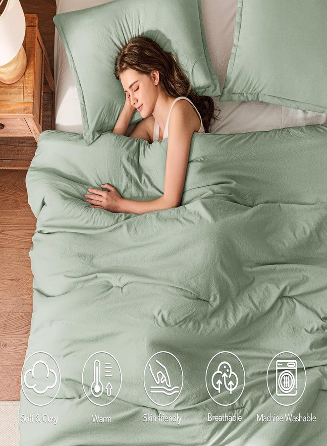Quataly Sagegreen Queen Comforter Set - Boho 3 Pieces Lightweight Bedding Set - Washed Microfiber Comforter for Queen Bed - Cozy Warm Bed Set Quilt for All Season (1 Fluffy Comforter 2 Pillow Cases) - Image 2