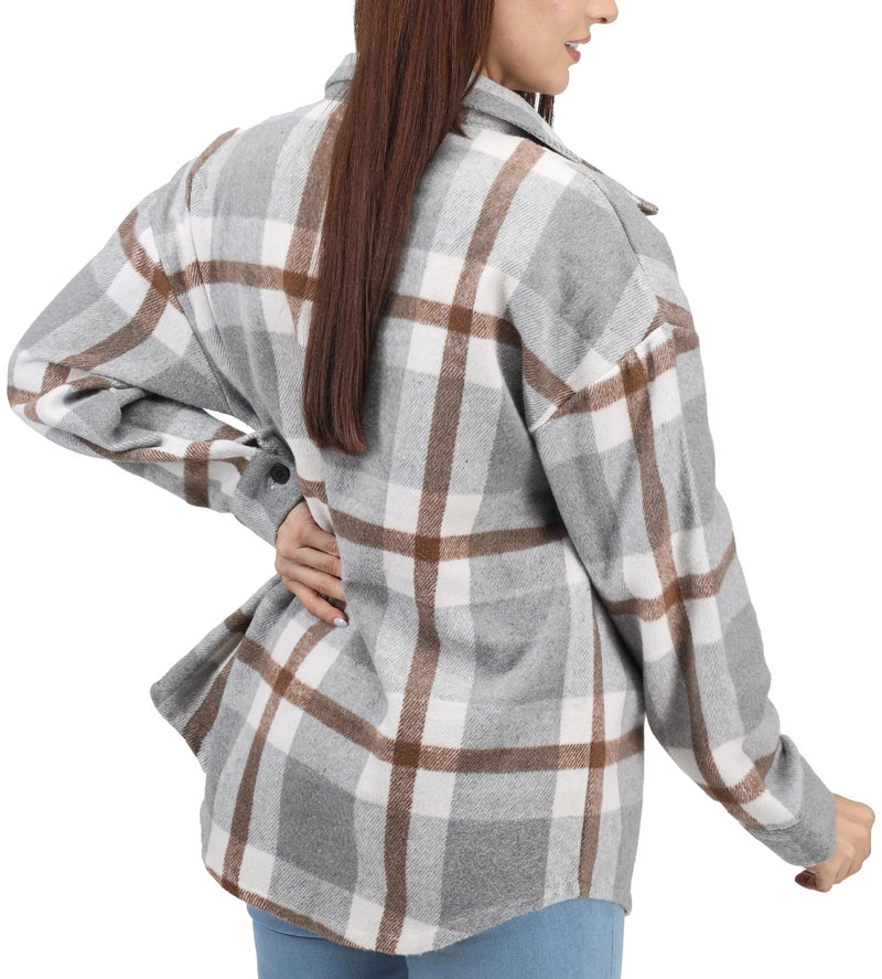 NY Threads Women's Flannel Shirt Plaid Shacket Fall Outfit Relaxed Fit Button Down Long Sleeve Top Casual Jacket for Women, Medium, Light Grey/White - Image 2