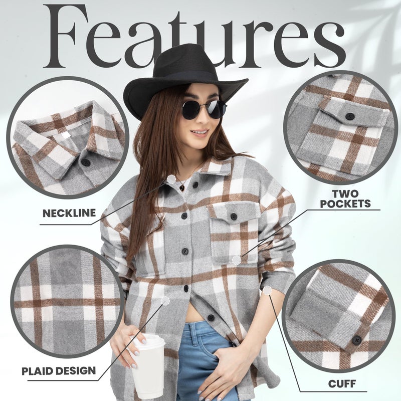 NY Threads Women's Flannel Shirt Plaid Shacket Fall Outfit Relaxed Fit Button Down Long Sleeve Top Casual Jacket for Women, Medium, Light Grey/White - Image 4