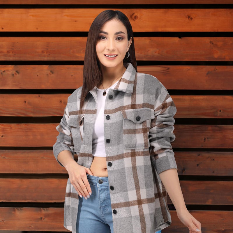 NY Threads Women's Flannel Shirt Plaid Shacket Fall Outfit Relaxed Fit Button Down Long Sleeve Top Casual Jacket for Women, Medium, Light Grey/White - Image 3