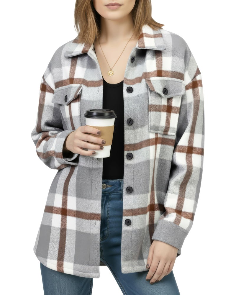 NY Threads Women's Flannel Shirt Plaid Shacket Fall Outfit Relaxed Fit Button Down Long Sleeve Top Casual Jacket for Women, Medium, Light Grey/White - Image 1