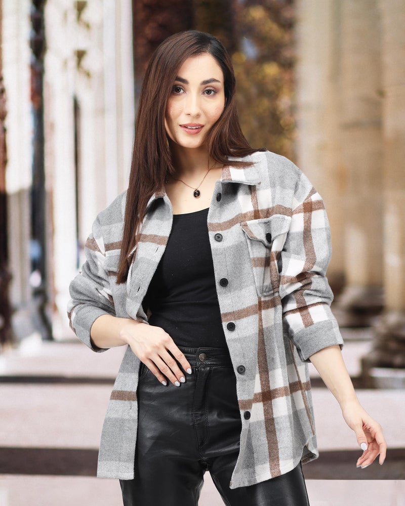 NY Threads Women's Flannel Shirt Plaid Shacket Fall Outfit Relaxed Fit Button Down Long Sleeve Top Casual Jacket for Women, Medium, Light Grey/White - Image 5