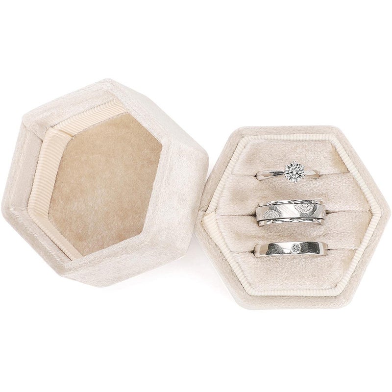 WantGor Velvet Jewelry Ring Box, 3 Slots Hexagon Ring Gift Box Vintage Ring Display Holder Case for Wedding Ceremony Proposal Engagement (Beige, 3 Slots) - Image 1