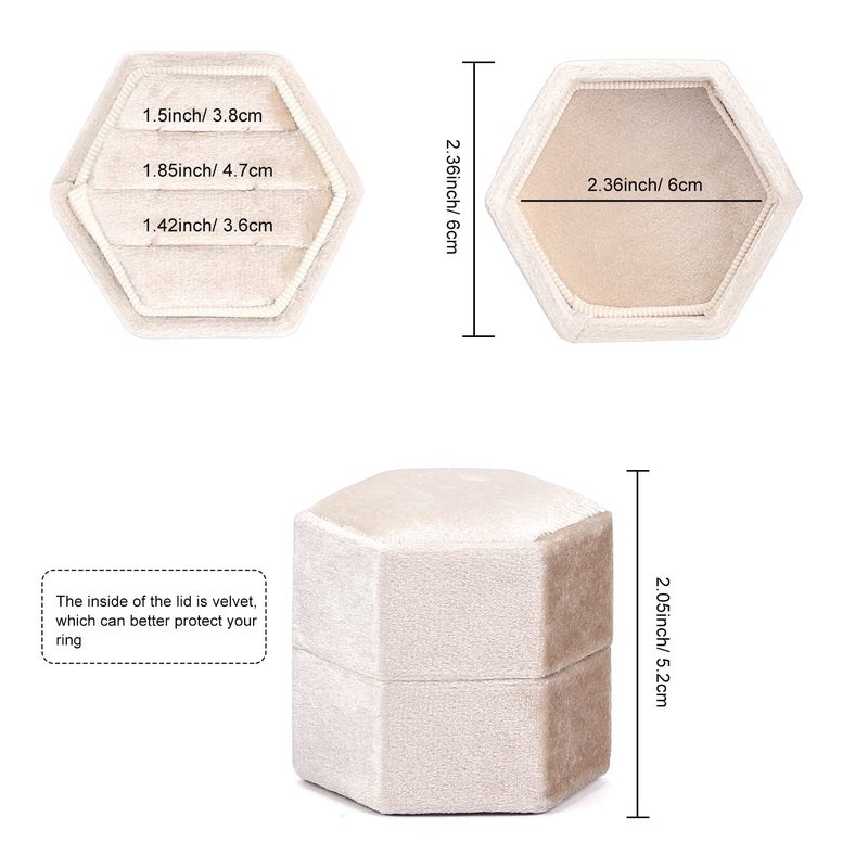 WantGor Velvet Jewelry Ring Box, 3 Slots Hexagon Ring Gift Box Vintage Ring Display Holder Case for Wedding Ceremony Proposal Engagement (Beige, 3 Slots) - Image 3