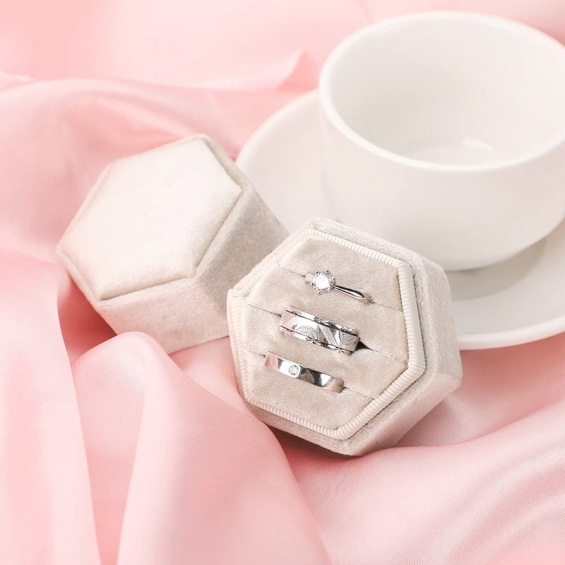 WantGor Velvet Jewelry Ring Box, 3 Slots Hexagon Ring Gift Box Vintage Ring Display Holder Case for Wedding Ceremony Proposal Engagement (Beige, 3 Slots) - Image 4