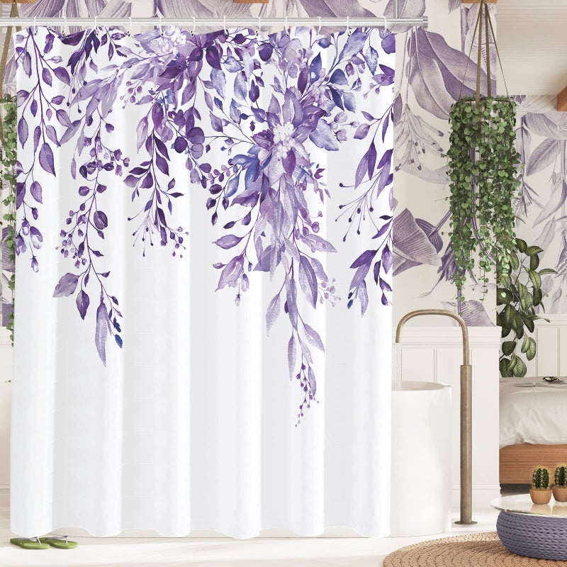 Tititex Purple Eucalyptus Shower curtain  Watercolor Leaves on The Top Plant with Floral Bathroom Decoration Shower curtain Sets 72x72 Inch with Hooks