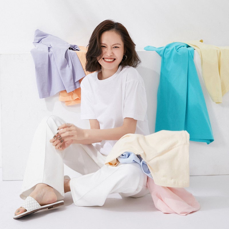 100% Cotton Short-Sleeved Summer Plus Size Unisex T-Shirt Round Neck Loose Solid Color Breathable Couple Short-Sleeved T-Shirt - Image 2