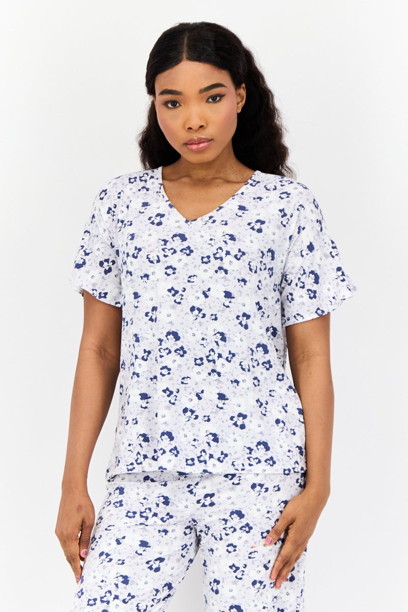 Jones New York Women 2 Pieces Floral Print Short Sleeve Top And Bottom Pajama Set, Multicolor - Image 2