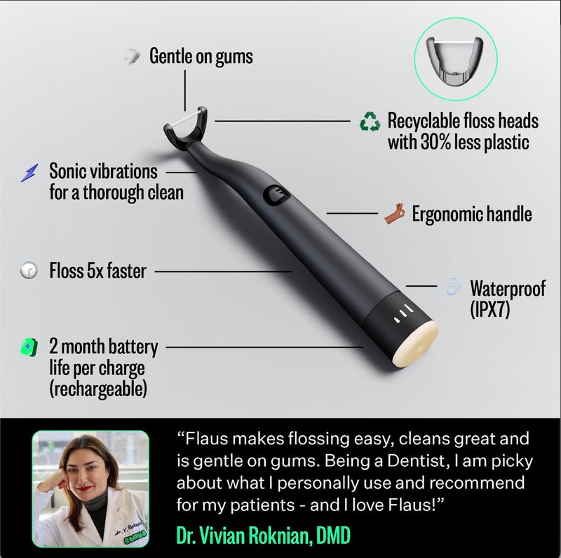 FLAUS Electric Flosser (Shark Tank) 3 Speeds + 45 Replacement Heads - Easy Glide Flossing for Gentle Gum Care, Water Flosser Alternative, Dentist Recommended Tooth Flossers, Eco Dental Floss Picks - Image 3