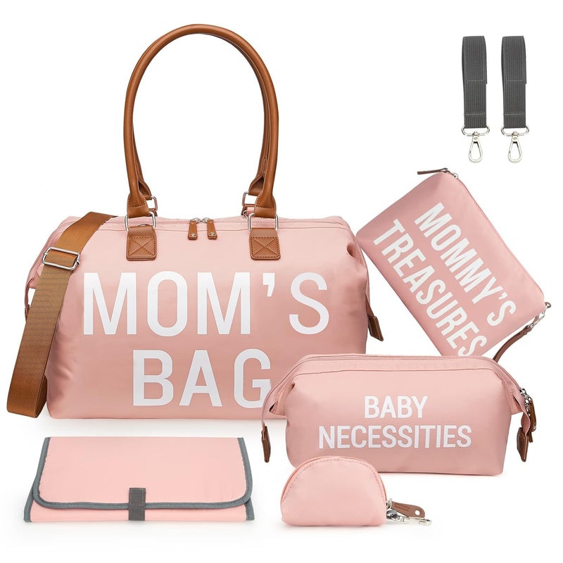 printe Large Diaper Bag Tote with Changing Pad 2 Organized Pouches Moms Bag for Hospital with Pacifier Case Straps Stroller Hook Hospital Weekender Travel Pink Baby Diaper Tote Bag