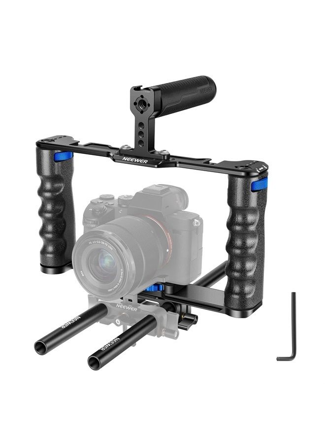 NEEWER Aluminum Alloy Camera Cage, Filmmaking Rig with Top Handle, Dual Grips & Arca Type Base, Compatible with Sony A7S III A7IV A6600 Canon EOS R5C R5 R6 DSLR/Mirrorless Cameras - VS107, Blue - Image 1