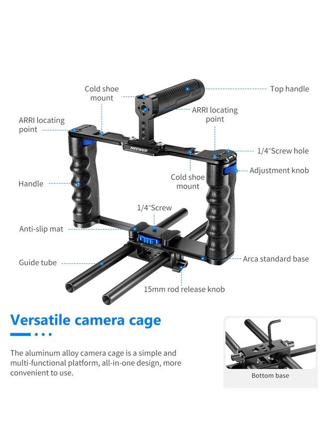 NEEWER Aluminum Alloy Camera Cage, Filmmaking Rig with Top Handle, Dual Grips & Arca Type Base, Compatible with Sony A7S III A7IV A6600 Canon EOS R5C R5 R6 DSLR/Mirrorless Cameras - VS107, Blue - Image 2