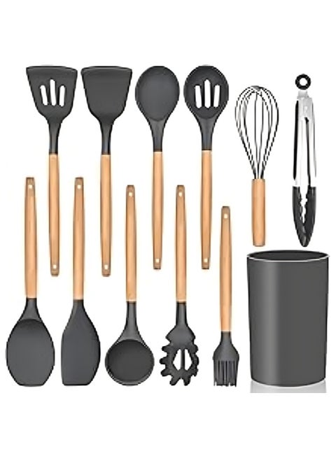 طقم ادوات توزيع من السيليكون بمقبض خشبي مثالي للطبخ - طقم مقاوم للالتصاق ومقاوم للحرارة مكون من معلقة سباتولا/ مضرب/ملقاط / ملعقة مشقوقة لتقليب الطعام/ ملعقة بفتحات/ فرشاة دهان/ حامل للادوات - 12 قطعة، مجموعة من ادوات الطبخ لتقليب الطعام - رمادي