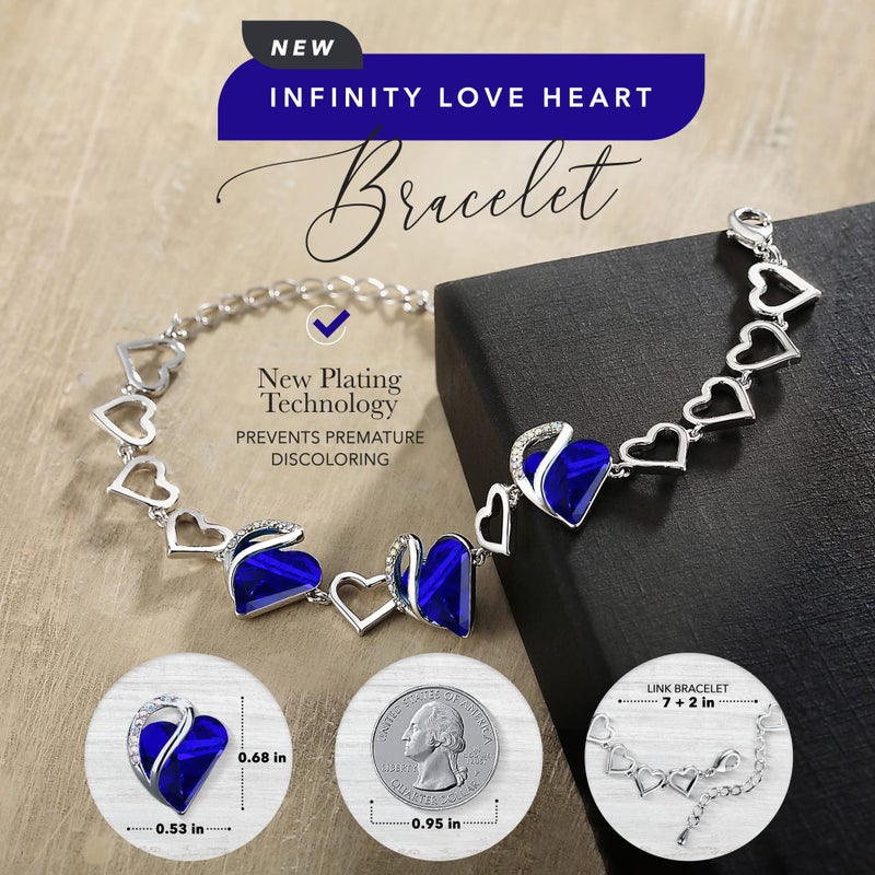 Leafael Infinity Love Heart Link Bracelets, September Birthstone Crystal Bracelet for Women, Silver Tone Jewelry Gifts for Her, Cobalt Sapphire Blue, 7-inch Chain and 2-inch Extender - Image 2