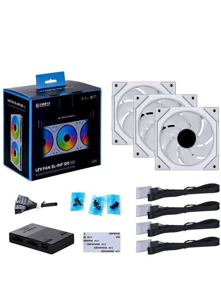 LIAN LI - Lian Li SL-Infinity 120 RGB Uni Fan, Infinity Mirror Design, Customizable RGB Lighting, 3x 120mm PWM Fan, 2100 rpm Fan Speed, 61.3 CFM Airflow, Triple Pack with Controller, White | G99.12SLIN3W.00 - Image 1