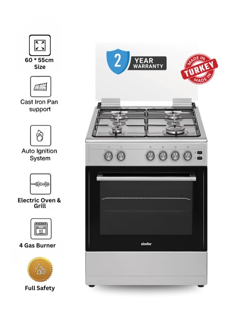 Simfer SMF6062GCL Stainless Steel Gas Cooker – 60 x 55 cm Free Standing Kitchen Range with 4 High-Efficiency Gas Burners, Spacious Gas Oven with Grill, Auto-Ignition, Tempered Glass Lid, Easy-Clean Enamel Interior, Compact & Durable Design – Silver - Image 1