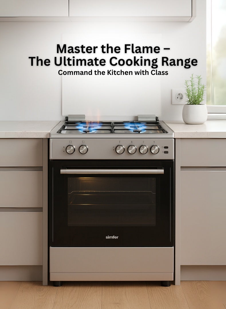 Simfer SMF6062GCL Stainless Steel Gas Cooker – 60 x 55 cm Free Standing Kitchen Range with 4 High-Efficiency Gas Burners, Spacious Gas Oven with Grill, Auto-Ignition, Tempered Glass Lid, Easy-Clean Enamel Interior, Compact & Durable Design – Silver - Image 2