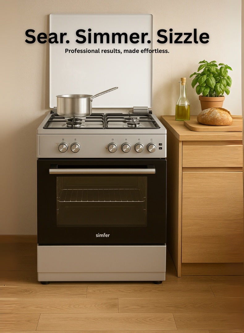 Simfer SMF6062GCL Stainless Steel Gas Cooker – 60 x 55 cm Free Standing Kitchen Range with 4 High-Efficiency Gas Burners, Spacious Gas Oven with Grill, Auto-Ignition, Tempered Glass Lid, Easy-Clean Enamel Interior, Compact & Durable Design – Silver - Image 3