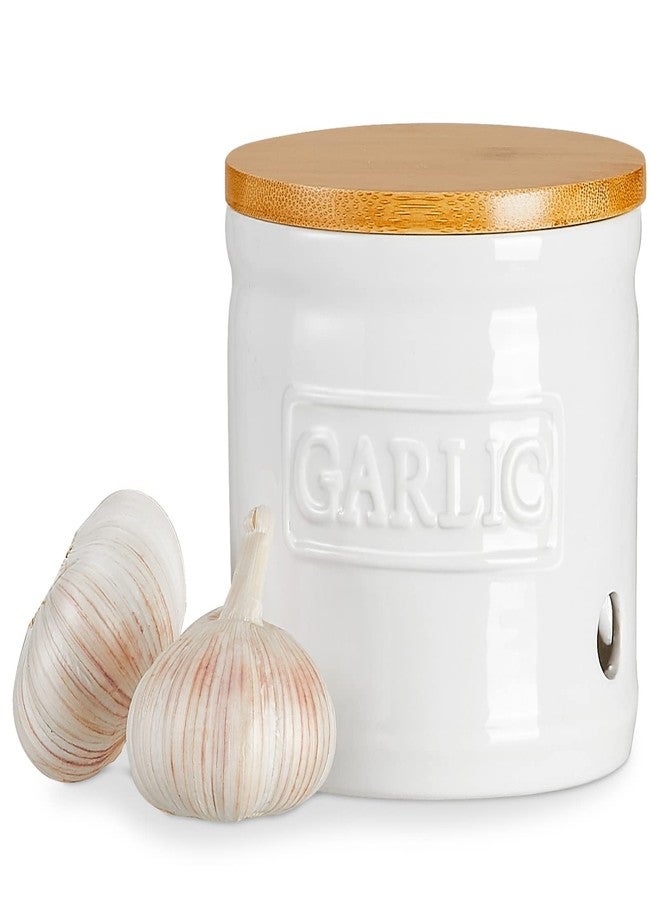 ONEMORE Garlic Keeper with Lid, Ceramic Garlic Saver 4 inch, White - Image 1