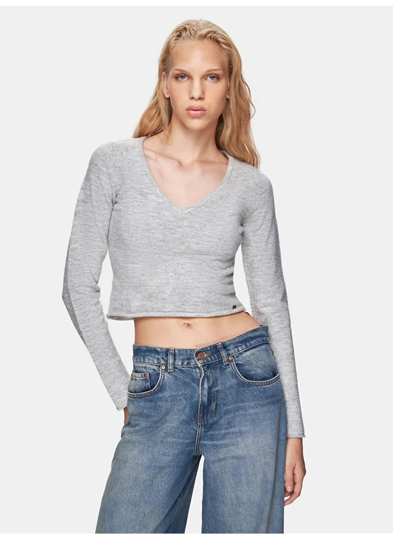إل تي بي Basic V Neck Long Sleeve Knitted Gray Sweater