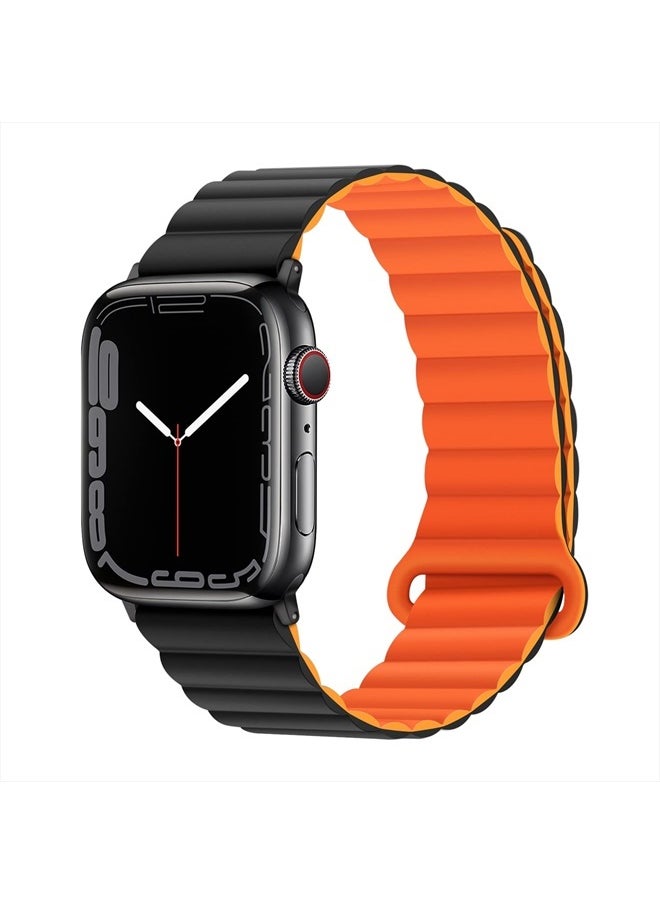 Anlinser - Compatible with Apple Watch Band 45mm 44mm 42mm 41mm 40mm 38mm, Women Men Double Side Reversible Magnetic Strap with Loop for iWatch Series 8/7/6/5/4/3/2/1/SE (45mm/44mm/42mm, Black/Orange) - Image 1