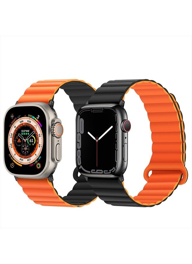 Anlinser - Compatible with Apple Watch Band 45mm 44mm 42mm 41mm 40mm 38mm, Women Men Double Side Reversible Magnetic Strap with Loop for iWatch Series 8/7/6/5/4/3/2/1/SE (45mm/44mm/42mm, Black/Orange) - Image 1