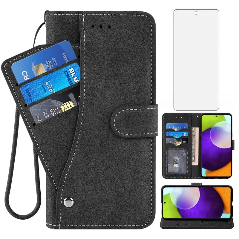 Asuwish Compatible with Samsung Galaxy A72 5G4G Wallet Case and Tempered Glass Screen Protector Flip Credit Card Holder Stand Cell Accessories Phone Cover for Glaxay A 72 G5 Gaxaly 72A S72 Men Black
