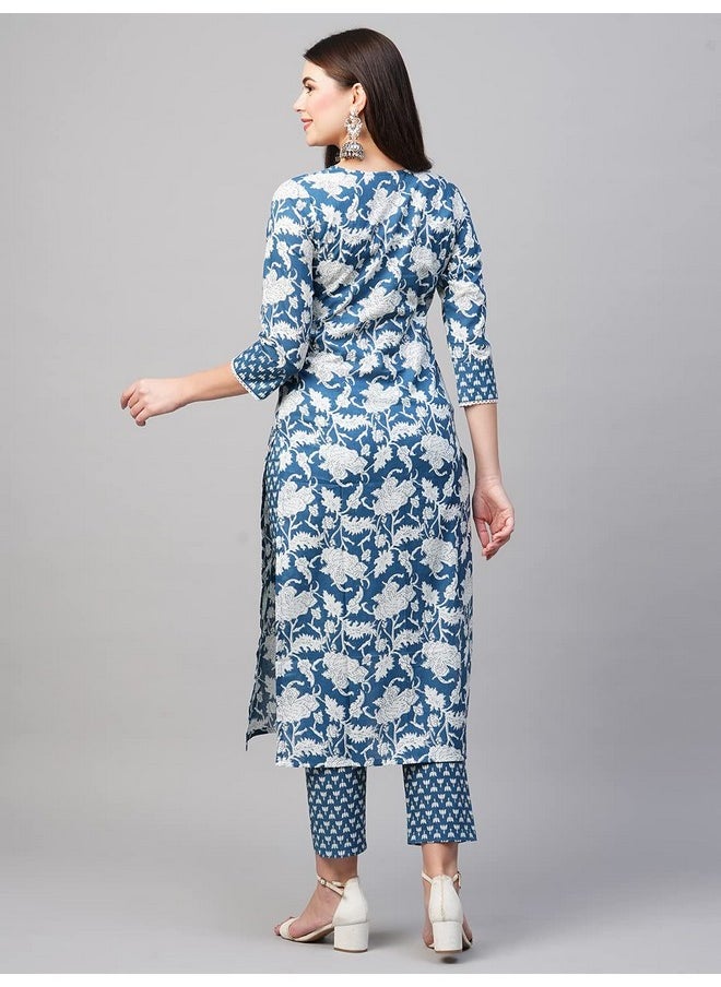 آني ديزاينر - قميص كورتا نسائي مستقيم مطبوع من مزيج القطن مع بنطلون من ANNI DESIGNER (Pustak Blue-GNw_3XL_White/Blue_XXX-Large) - Image 1