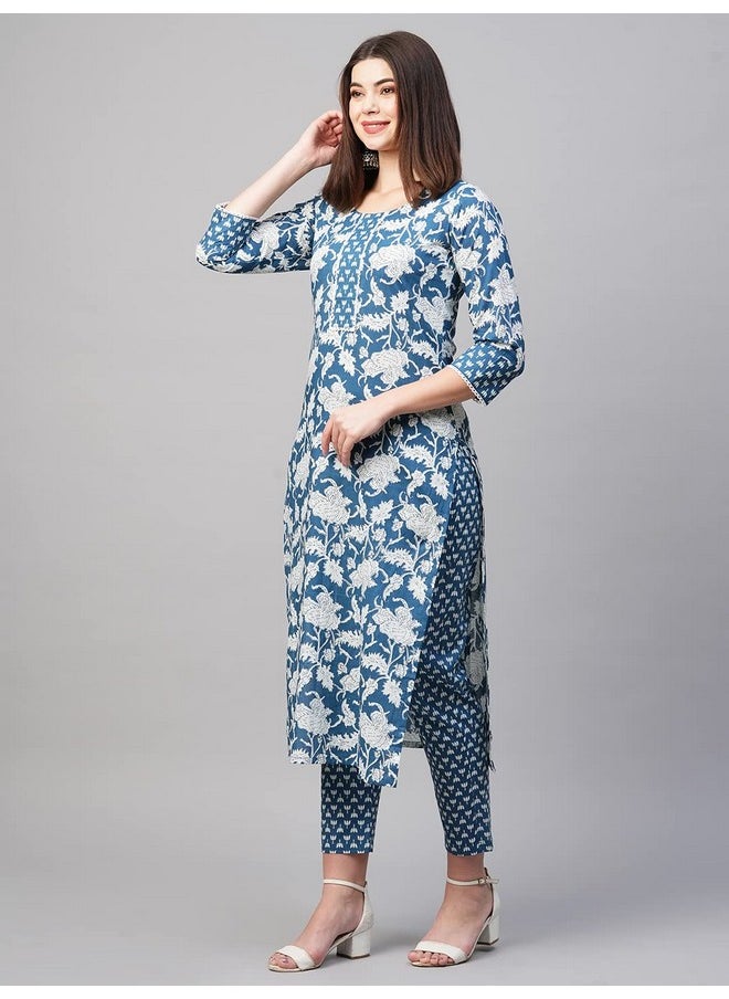 آني ديزاينر - قميص كورتا نسائي مستقيم مطبوع من مزيج القطن مع بنطلون من ANNI DESIGNER (Pustak Blue-GNw_3XL_White/Blue_XXX-Large) - Image 1